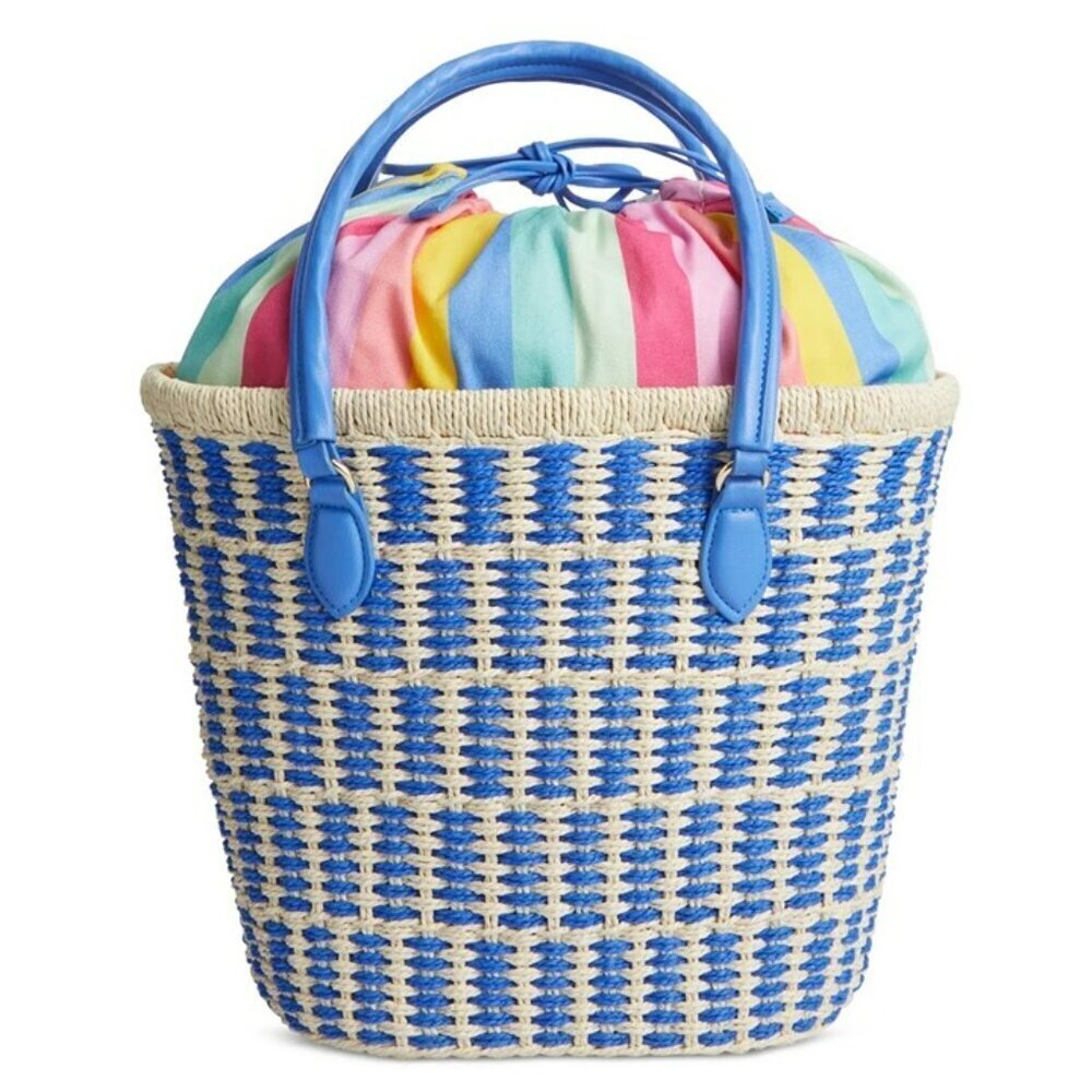 On 34th Isabellaa Women's Straw Medium Drawstring Tote Blue Stripe (MSRP $130)